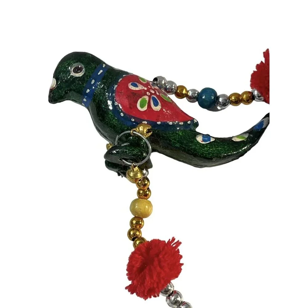 VTG Enameled Birds With Bells Beaded Christmas Garland 2‎ Strands MCM Colorful